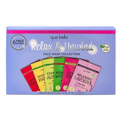 Que Bella Relax & Unwind Face Mask Collection - 6pc: Vegan, For Normal & Sensitive Skin, Scented