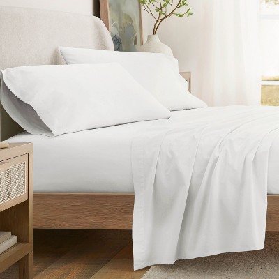 100% Percale Cotton 4PC Sheet Set, Brushed & Pre-Washed Bedding for Softness & Comfort - Becky Cameron, White, Queen