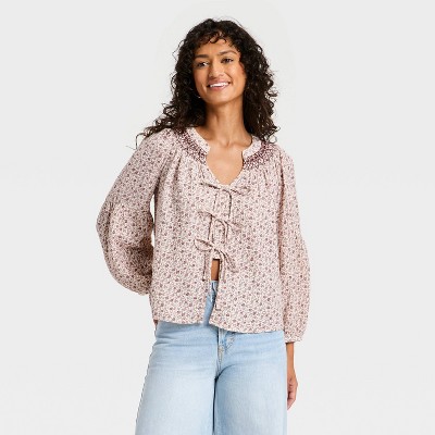 Women's Raglan Long Sleeve Tie-Front Blouse - Universal Thread™ Brown Floral M