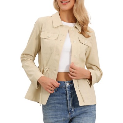 INSPIRE CHIC Women's Button Down Drawstring Waist Lapel Lightweight Spring Linen Utility Jacket X-Small Khaki