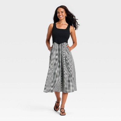 Women's Pullover Knit to Woven Midi Dress - A New Day™ Black/White Gingham M