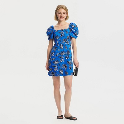 Women's Puff Short Sleeve Mini Babydoll Dress - A New Day™ Blue Floral XS