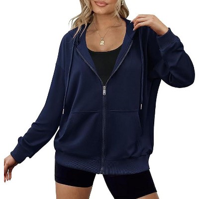 Zeagoo Women's Lightweight Full Zip Hoodie Oversized Sweatshirt with Pockets Drawstring-Navy-s