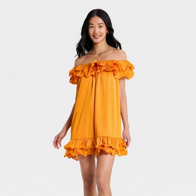 Women's Ruffle Mini Dress - A New Day™ Orange L