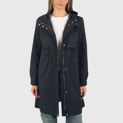 Alpine Swiss Tanya Womens Hooded Rain Jacket Long Raincoat Trench Coat Windbreaker Black Small