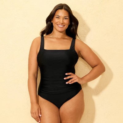 Women's Shirred Tummy Control Square Neck Full Coverage One Piece Swimsuit - Shade & Shore™ Black S