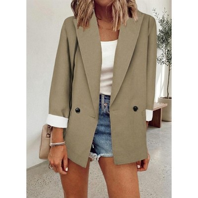 Solid Blazer for Women Long Sleeve Single-Breasted Jacket, Lightweight Casual Everyday Khaki,M