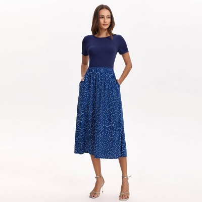 Women's Short Sleeve Contrast Midi Dress - A New Day™ Navy Blue Polka Dots S