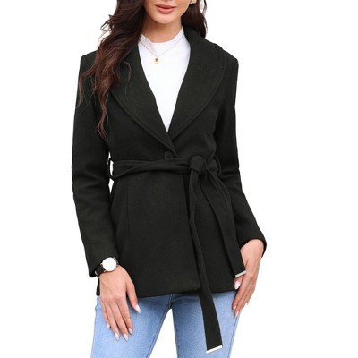 INSPIRE CHIC Women's Winter Single Breasted Shawl Collar Outerwear Pea Trench Coats with Belt Small Black