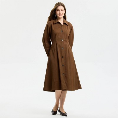 Women's Long Sleeve Button-Front Pleated Midi Shirt Dress - A New Day™ Brown M