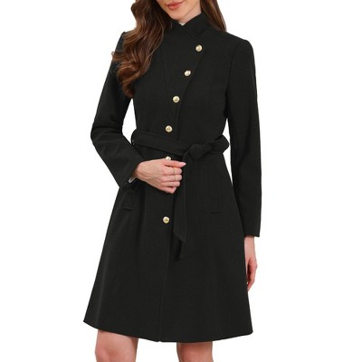 INSPIRE CHIC Women's Winter Stand Collar Single Breasted Button Down Long Trench Coat with Belt X-Small Black
