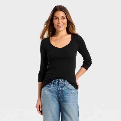 Women's Long Sleeve Ribbed V-Neck T-Shirt - Universal Thread™ Black M