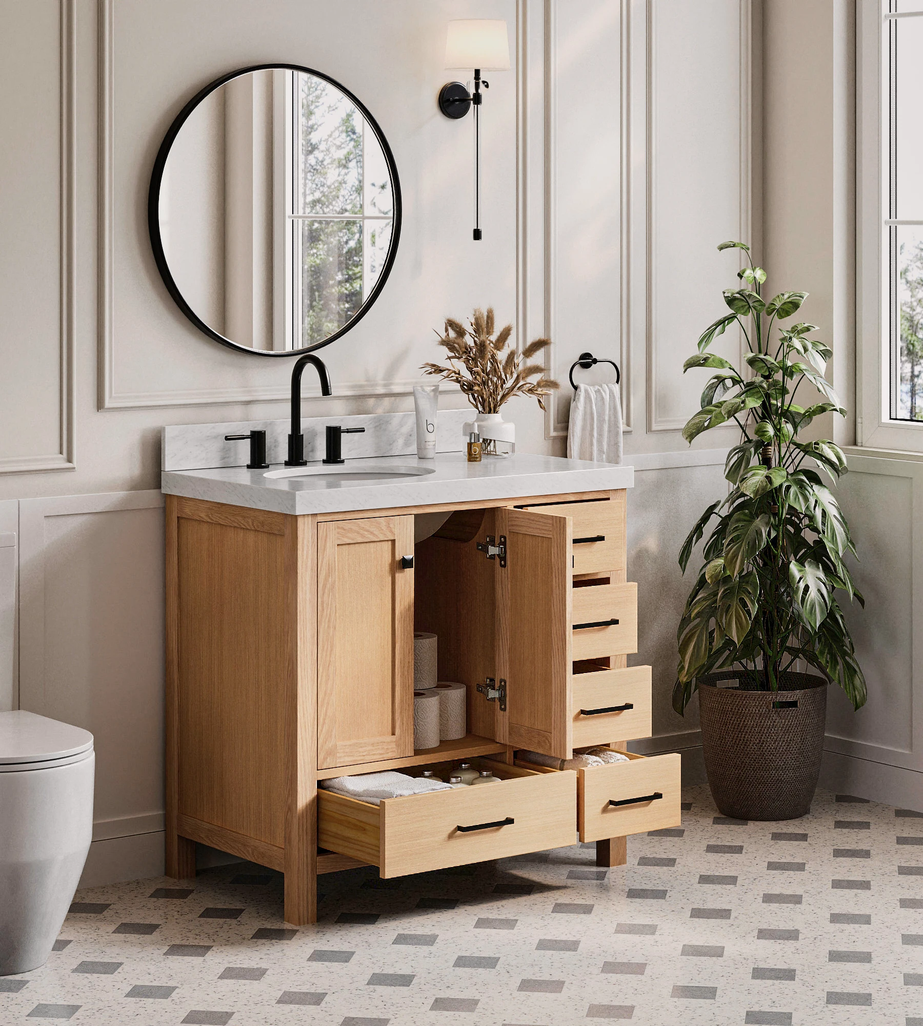 Ariel Cambridge 36 Inch Left Offset Single Sink Base Cabinet In Oak