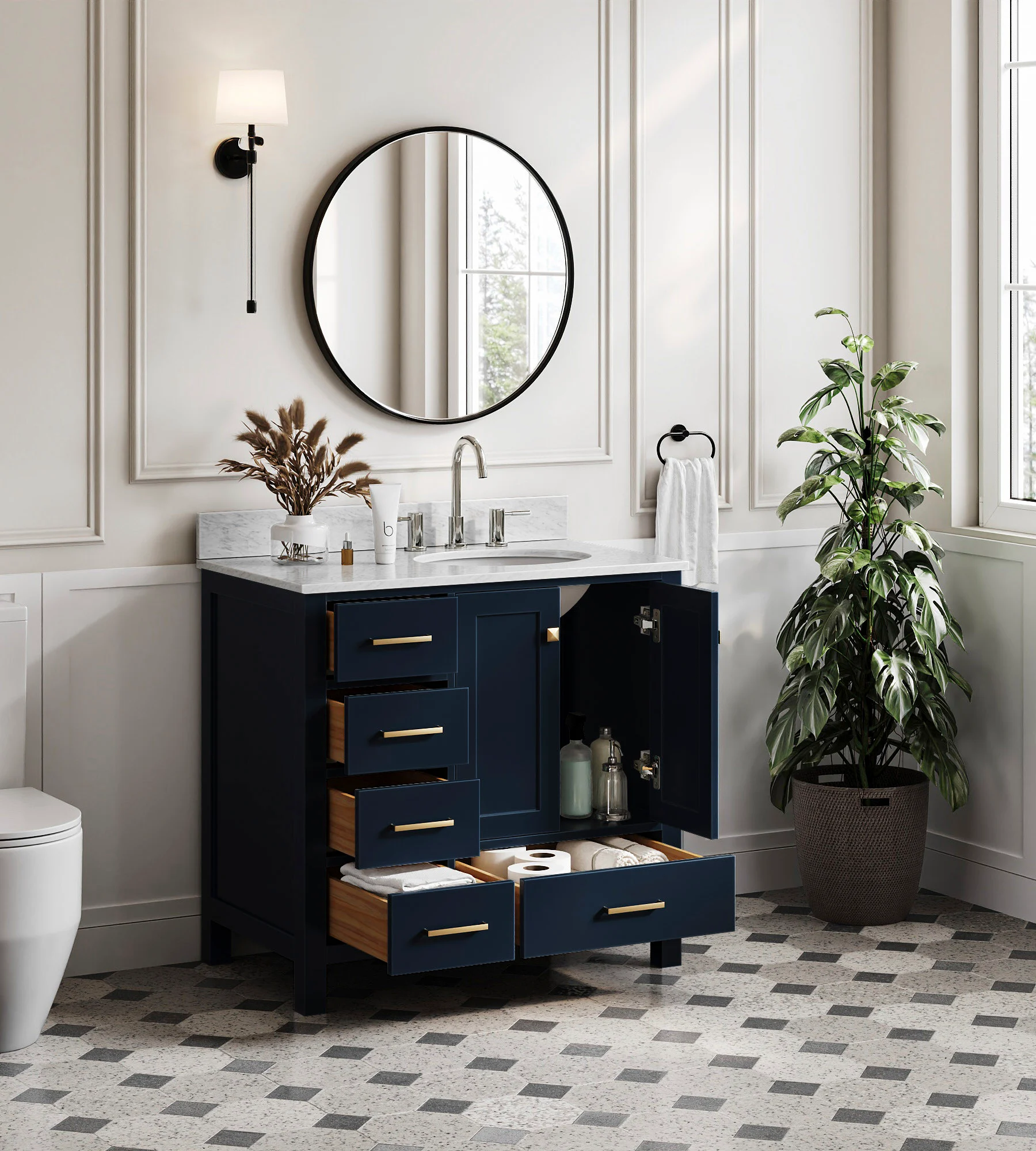 ARIEL Cambridge 36 In. Right Offset Single Sink Base Cabinet In Midnight Blue