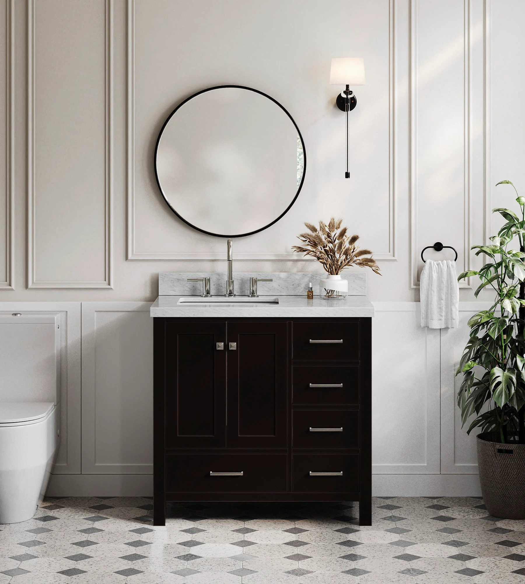 Ariel Cambridge 37 In. Left Offset Single Sink Bathroom Vanity With Italian Carrara White Marble 1.5 In Thickness Edge In Espresso