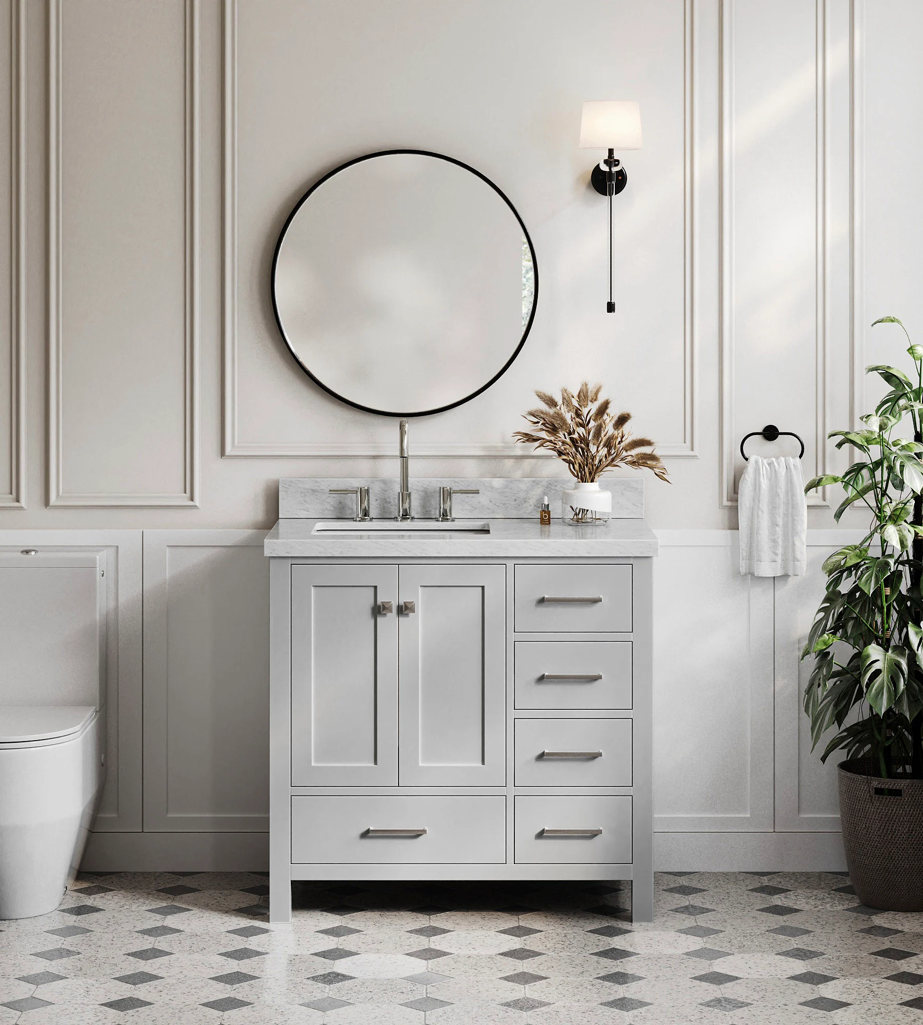 ARIEL Cambridge 37 In. Left Offset Single Sink Bathroom Vanity With Italian Carrara White Marble 1.5 In Thickness Edge In Grey