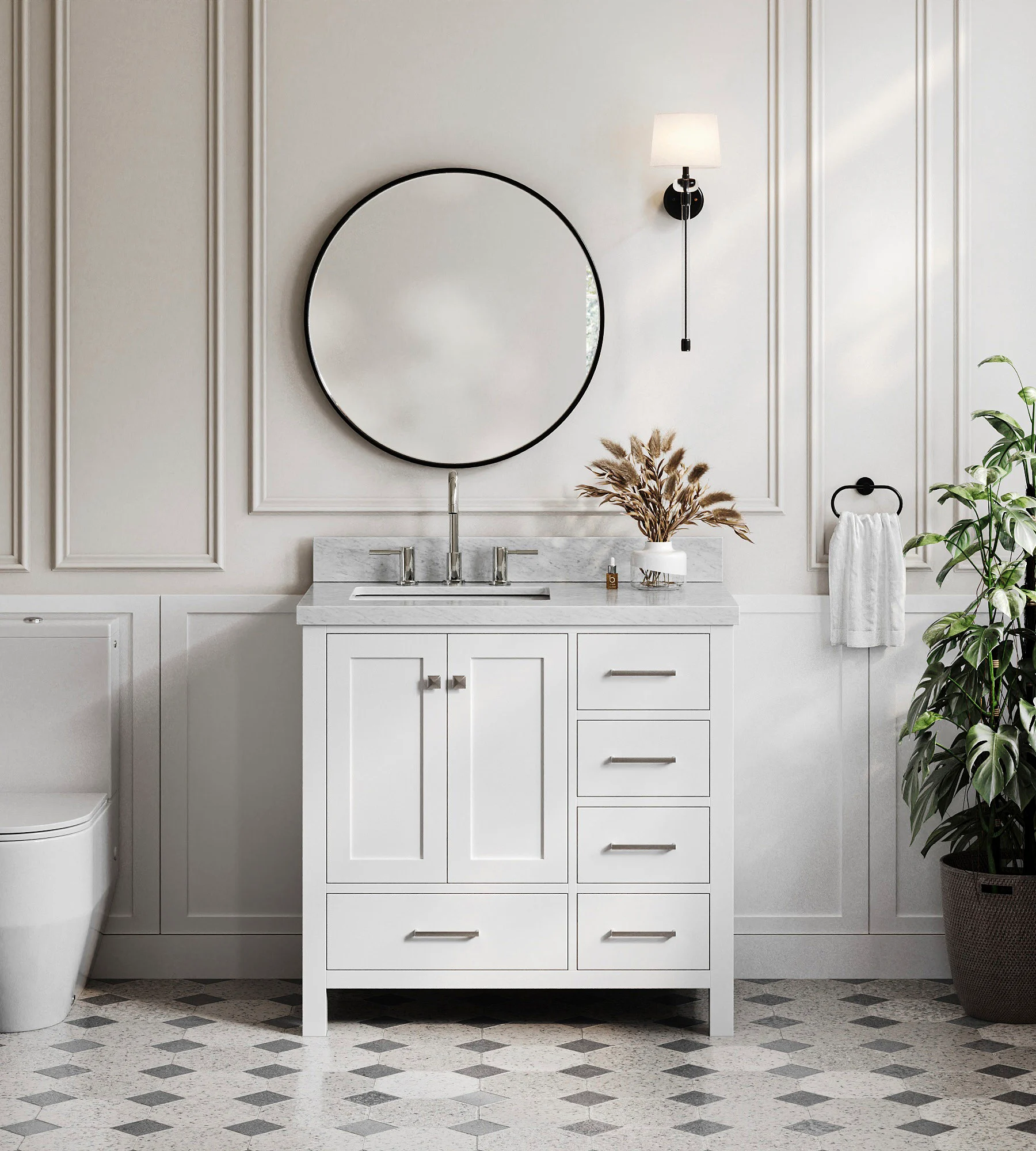 ARIEL Cambridge 37 In. Left Offset Single Sink Bathroom Vanity With Italian Carrara White Marble 1.5 In Thickness Edge In White