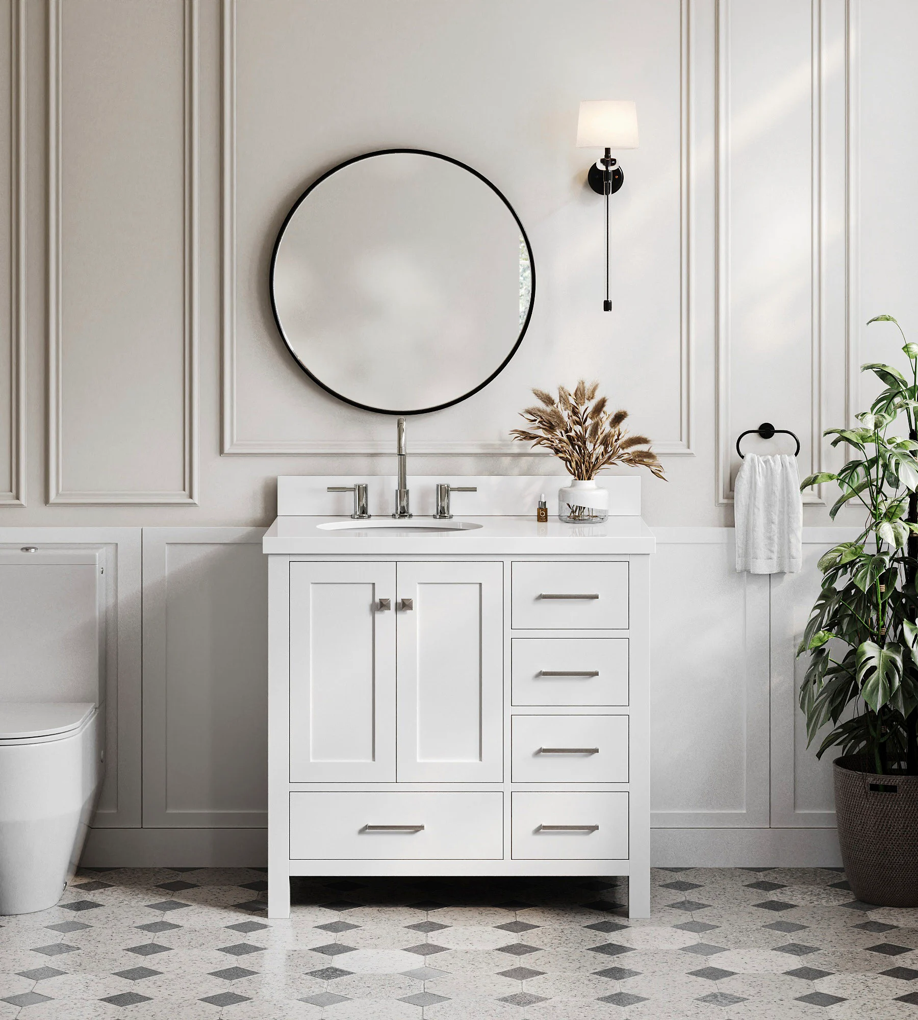 ARIEL Cambridge 37 In. Left Offset Oval Sink Vanity With White Quartz Countertop In White