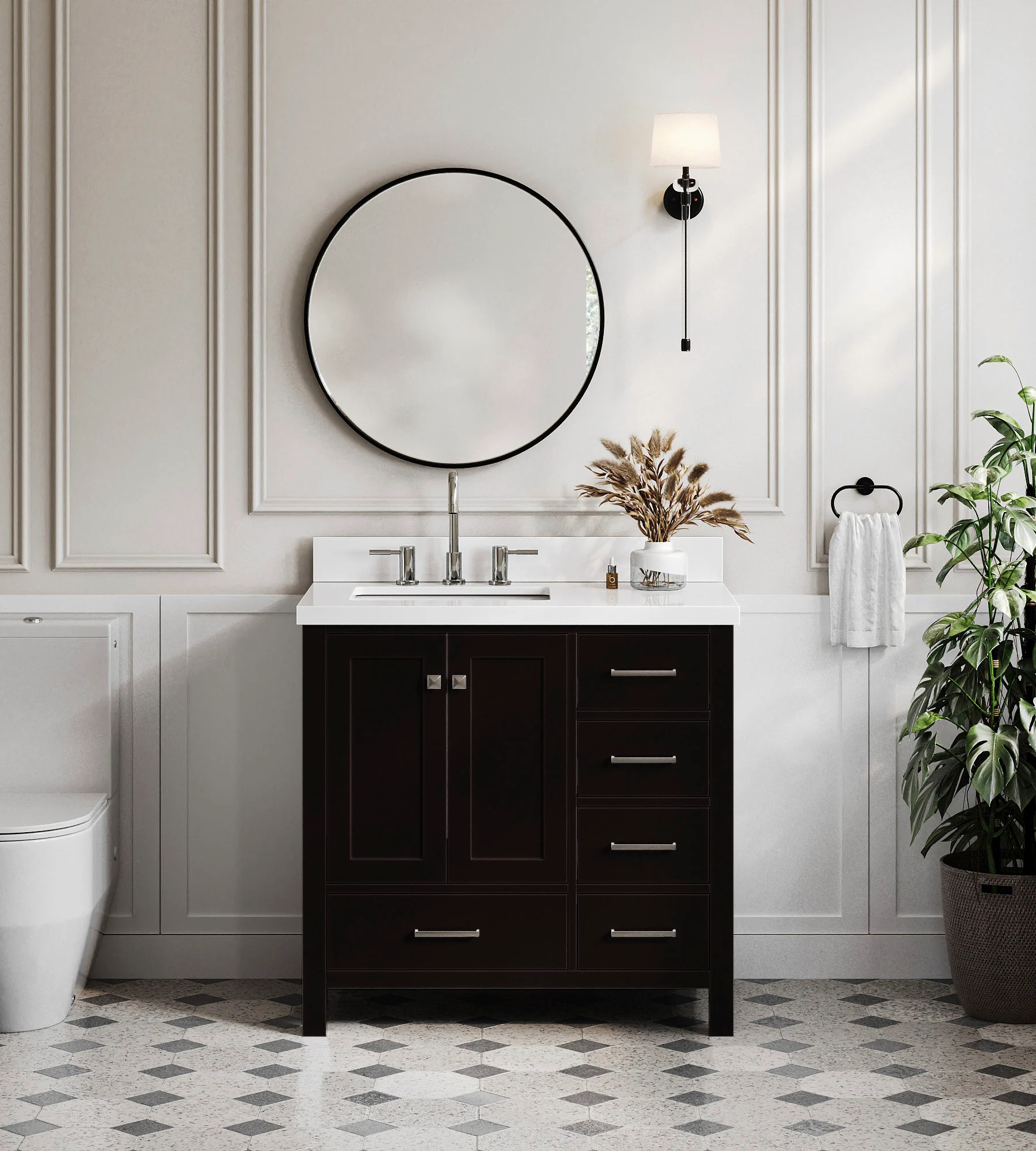 ARIEL Cambridge 37 In. Left Offset Rectangle Sink Vanity With White Quartz Countertop In Espresso