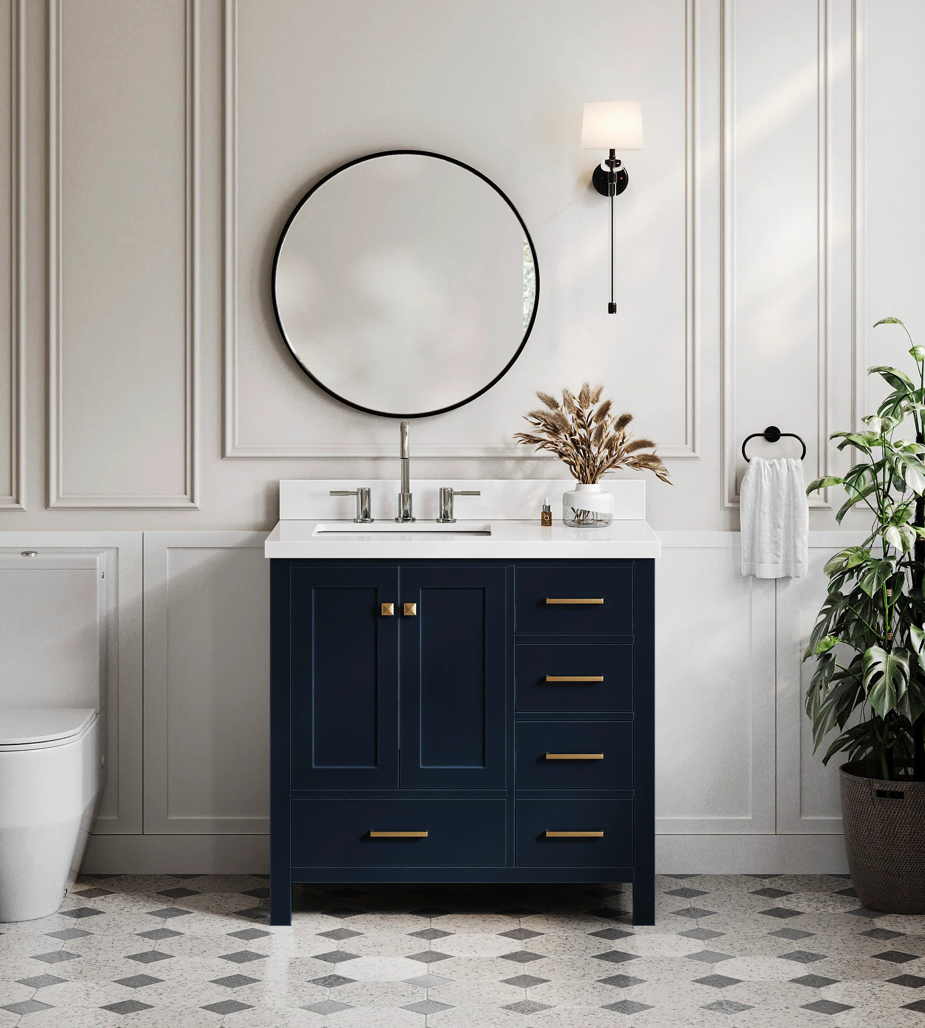ARIEL Cambridge 37 In. Left Offset Rectangle Sink Vanity With White Quartz Countertop In Midnight Blue