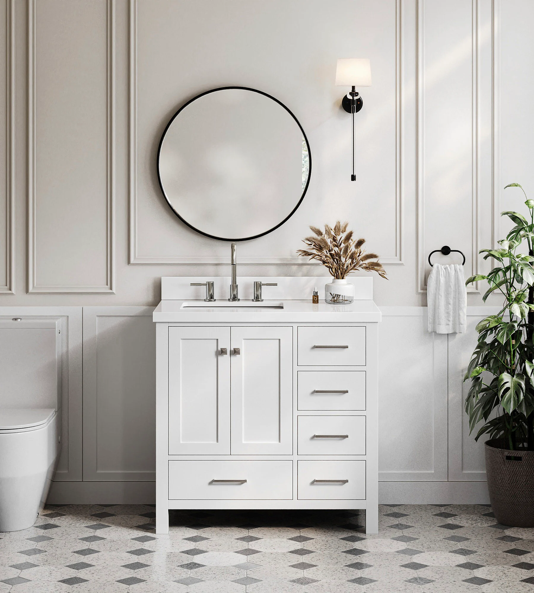 ARIEL Cambridge 37 In. Left Offset Rectangle Sink Vanity With White Quartz Countertop In White