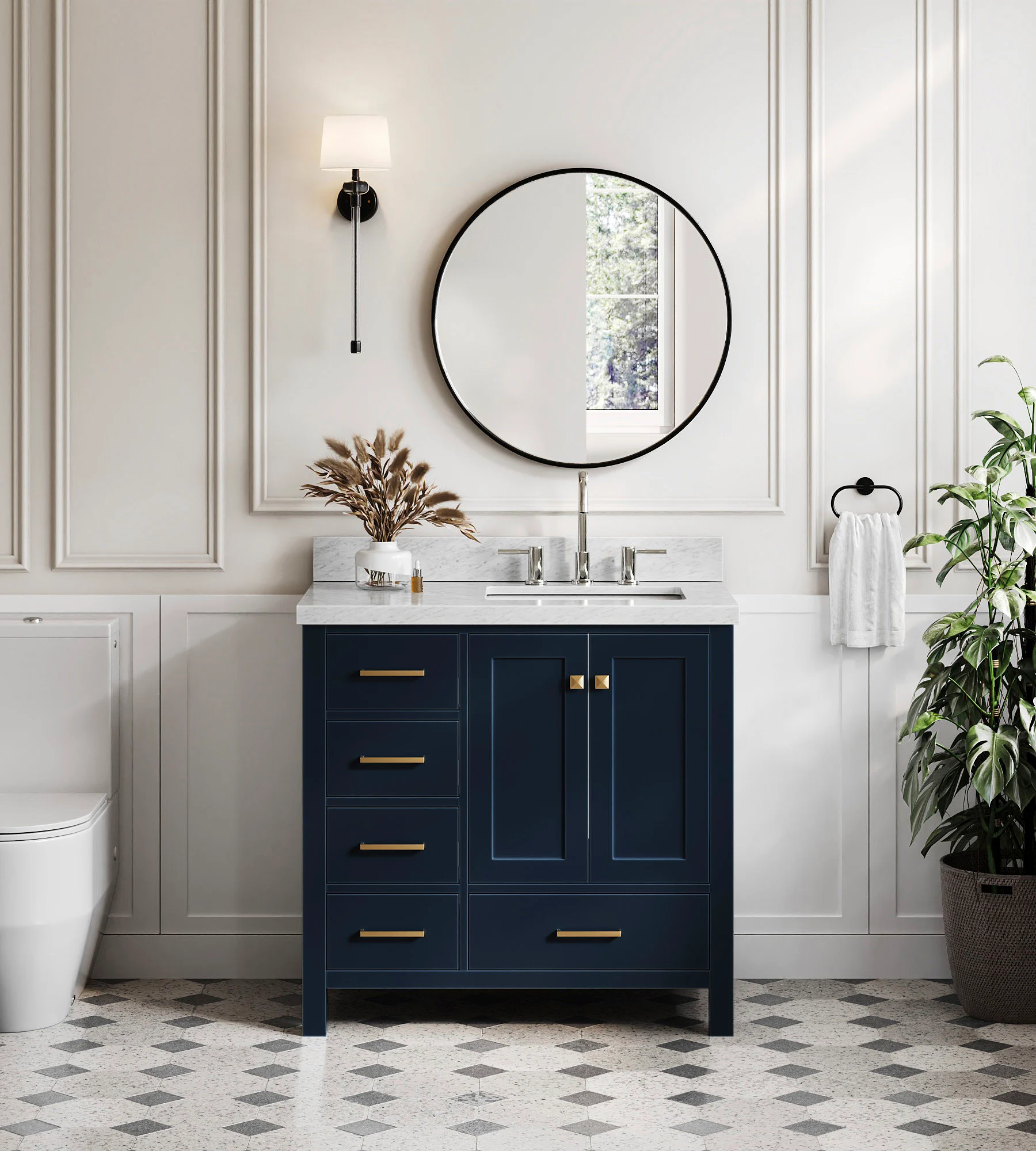 ARIEL Cambridge 37 In. Right Offset Single Rectangle Sink Bathroom Vanity With Italian Carrara White Marble 1.5 In Edge In Midnight Blue