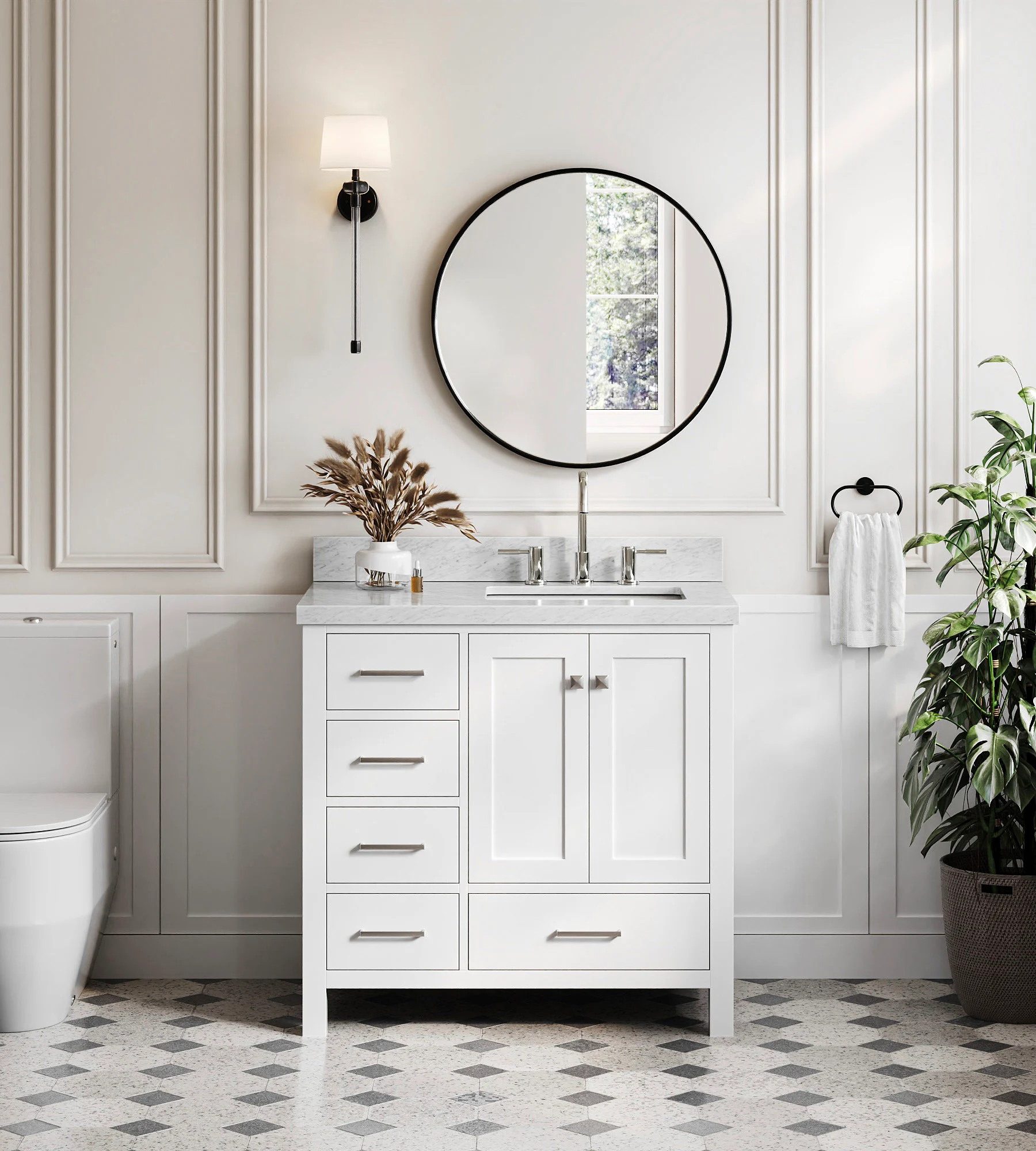 ARIEL Cambridge 37 In. Right Offset Single Sink Bathroom Vanity With Italian Carrara White Marble 1.5 In Thickness Edge In White