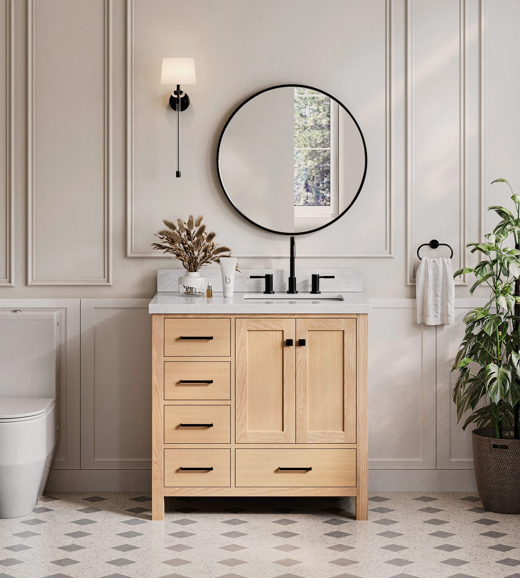 ARIEL Cambridge 37 Inch Right Offset Single Rectangular Sink Bathroom Vanity With Italian Carrara White Marble Countertop 1.5 Inch Edge In Oak