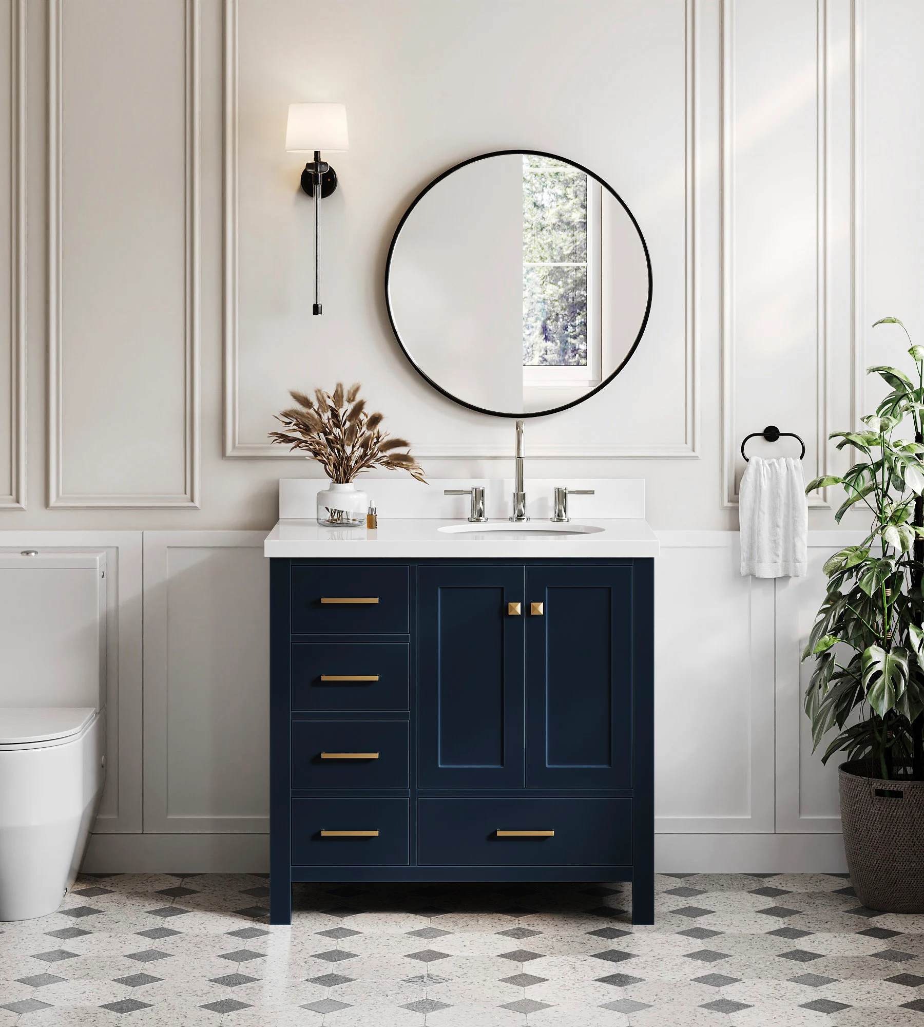 ARIEL Cambridge 37 In. Right Offset Oval Sink Vanity With White Quartz Countertop In Midnight Blue