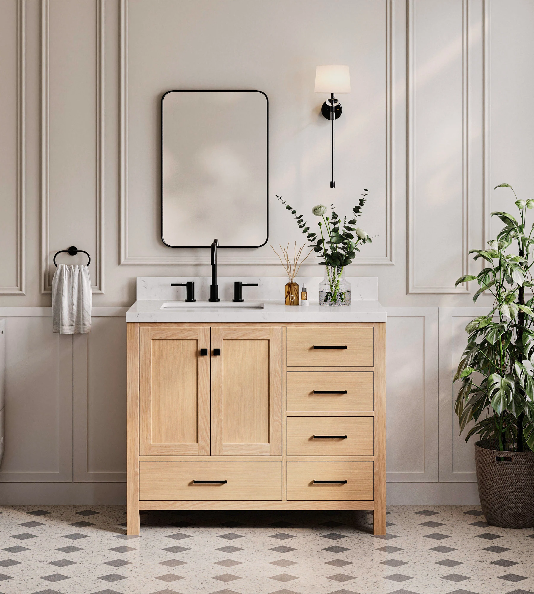 ARIEL Cambridge 42 Inch Left Offset Single Rectangular Sink Bathroom Vanity With Carrara White Quartz Countertop 1.5 Inch Edge In Oak