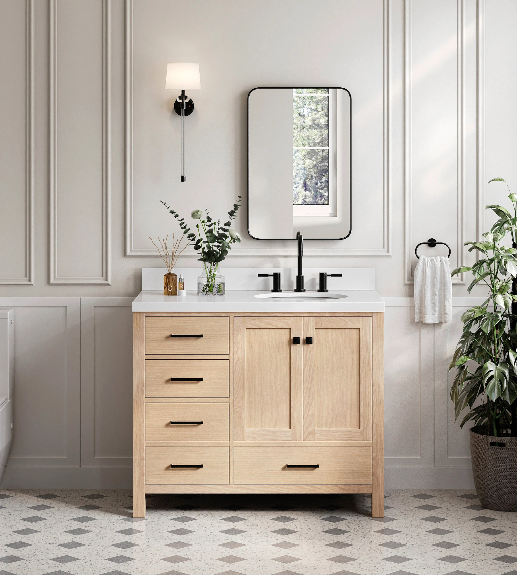 ARIEL Cambridge 42 Inch Right Offset Single Oval Sink Bathroom Vanity With Carrara White Quartz Countertop 1.5 Inch Edge In Oak