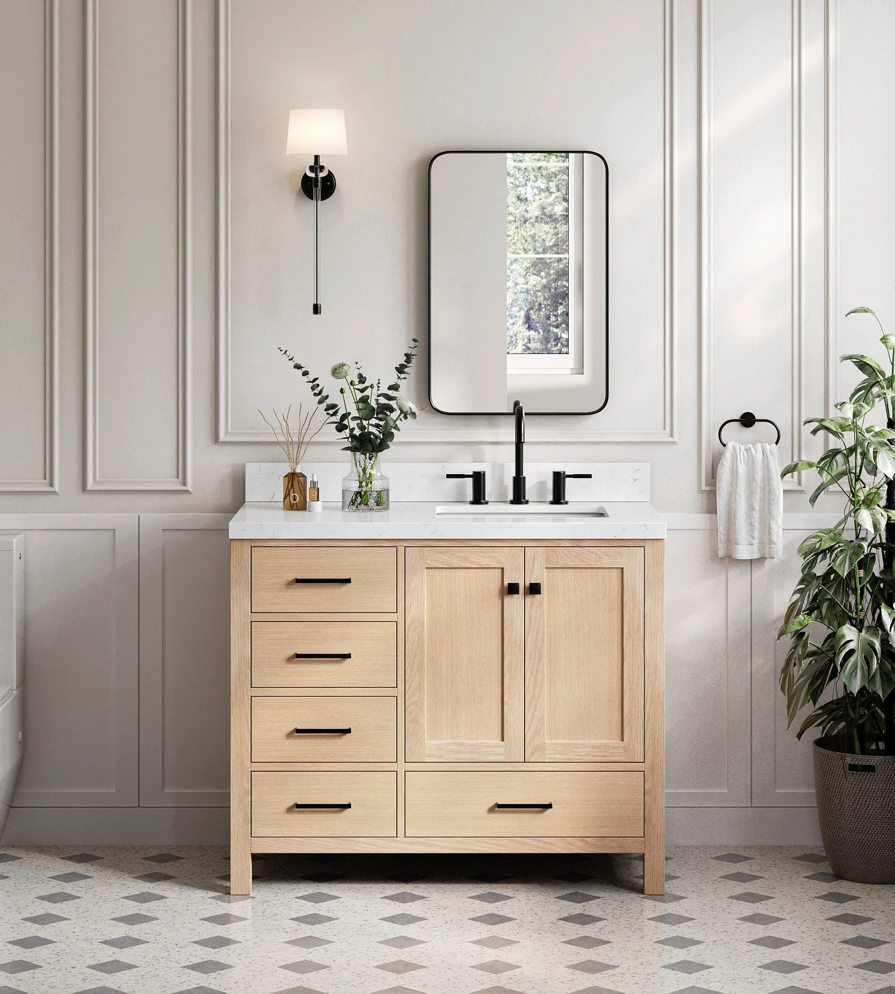 ARIEL Cambridge 42 Inch Right Offset Single Rectangular Sink Bathroom Vanity With Carrara White Quartz Countertop 1.5 Inch Edge In Oak