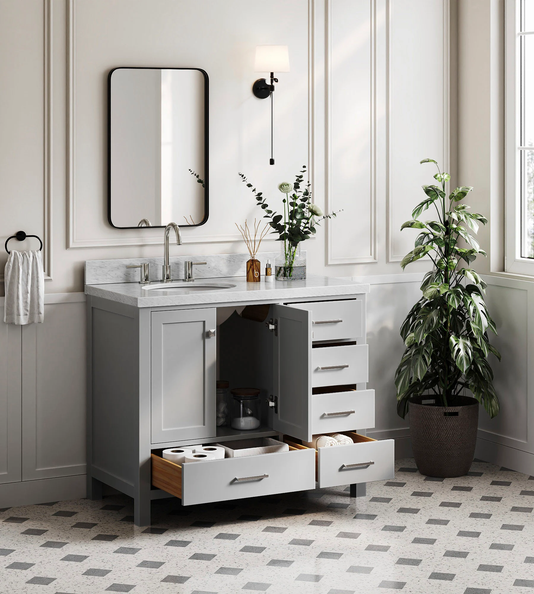 ARIEL Cambridge 42 In. Left Offset Single Sink Base Cabinet In Grey