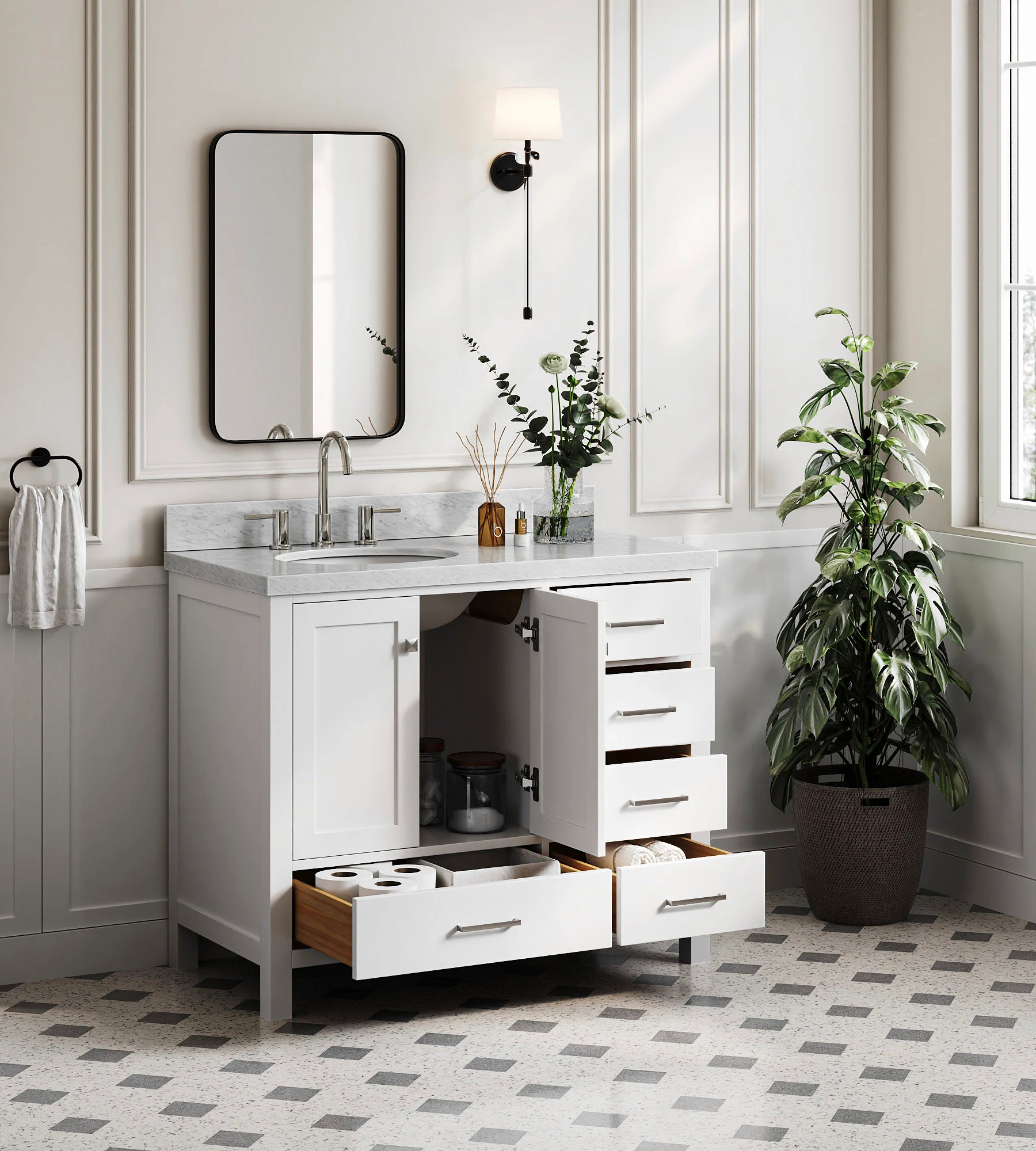 ARIEL Cambridge 42 In. Left Offset Single Sink Base Cabinet In White