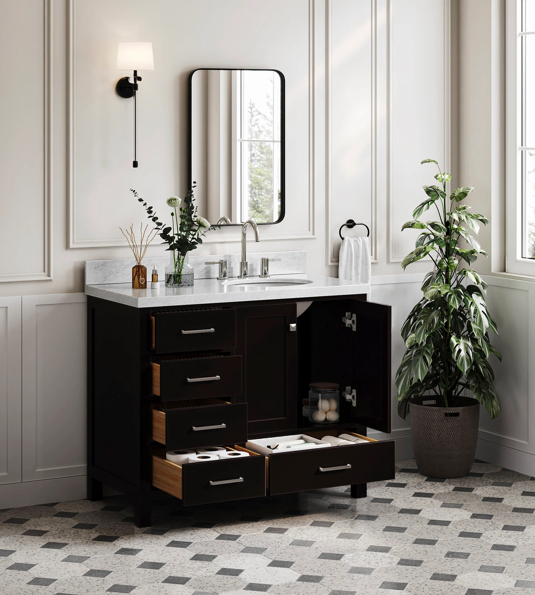 ARIEL Cambridge 42 In. Right Offset Single Sink Base Cabinet In Espresso
