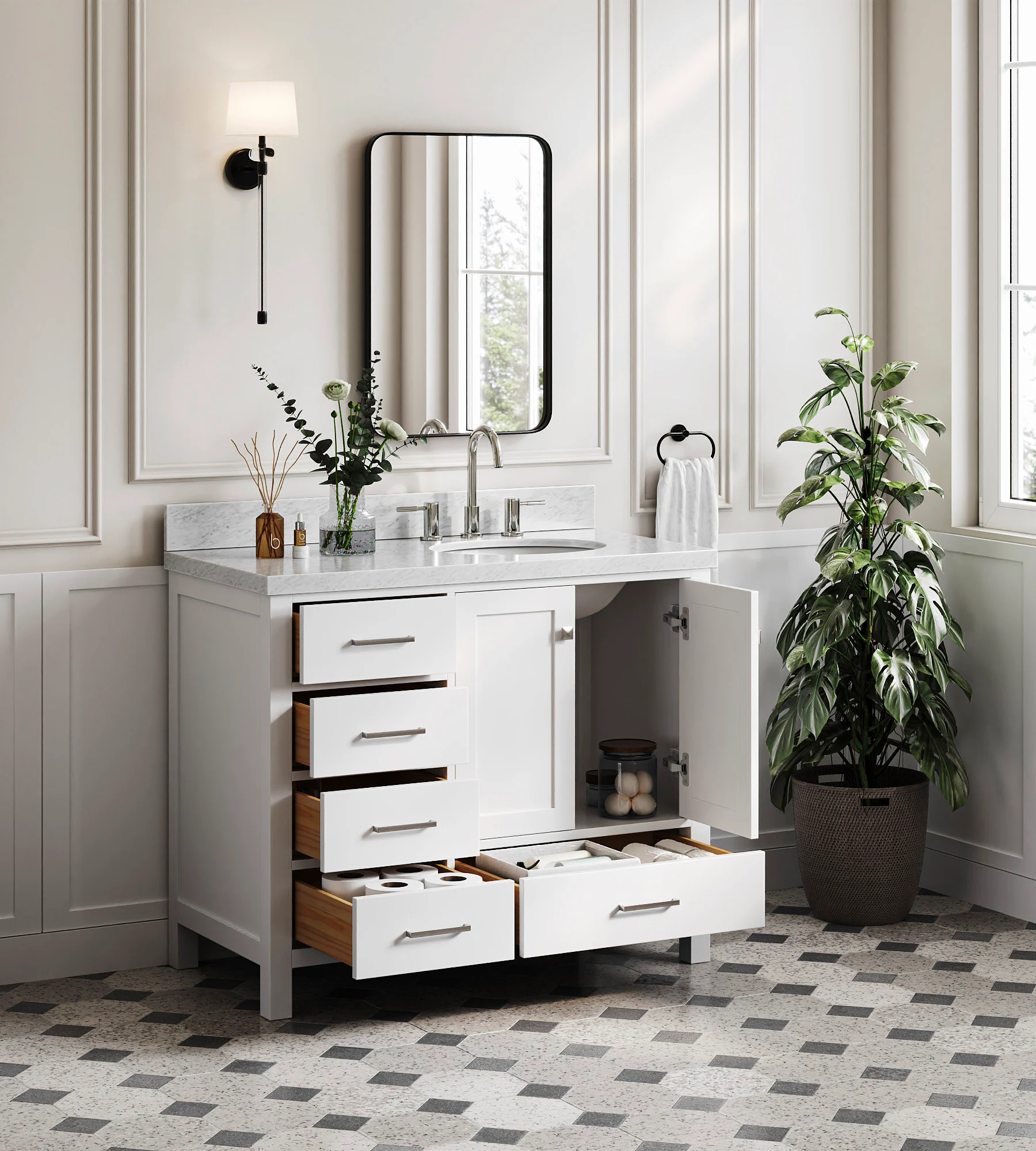 Ariel Cambridge 42 In. Right Offset Single Sink Base Cabinet In White