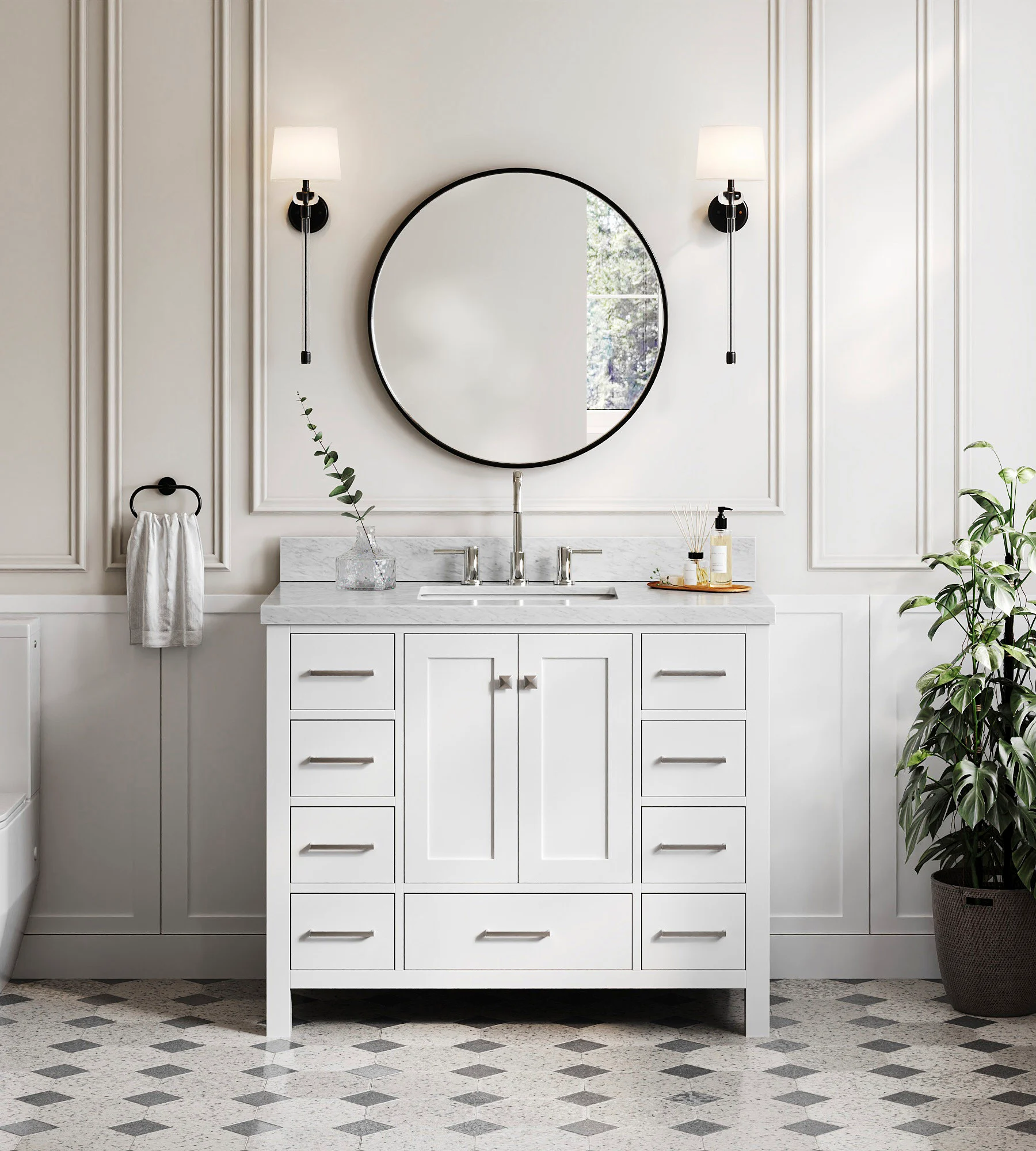 Ariel Cambridge 43 In. Single Sink Bathroom Vanity With Italian Carrara White Marble 1.5 In Thickness Edge In White