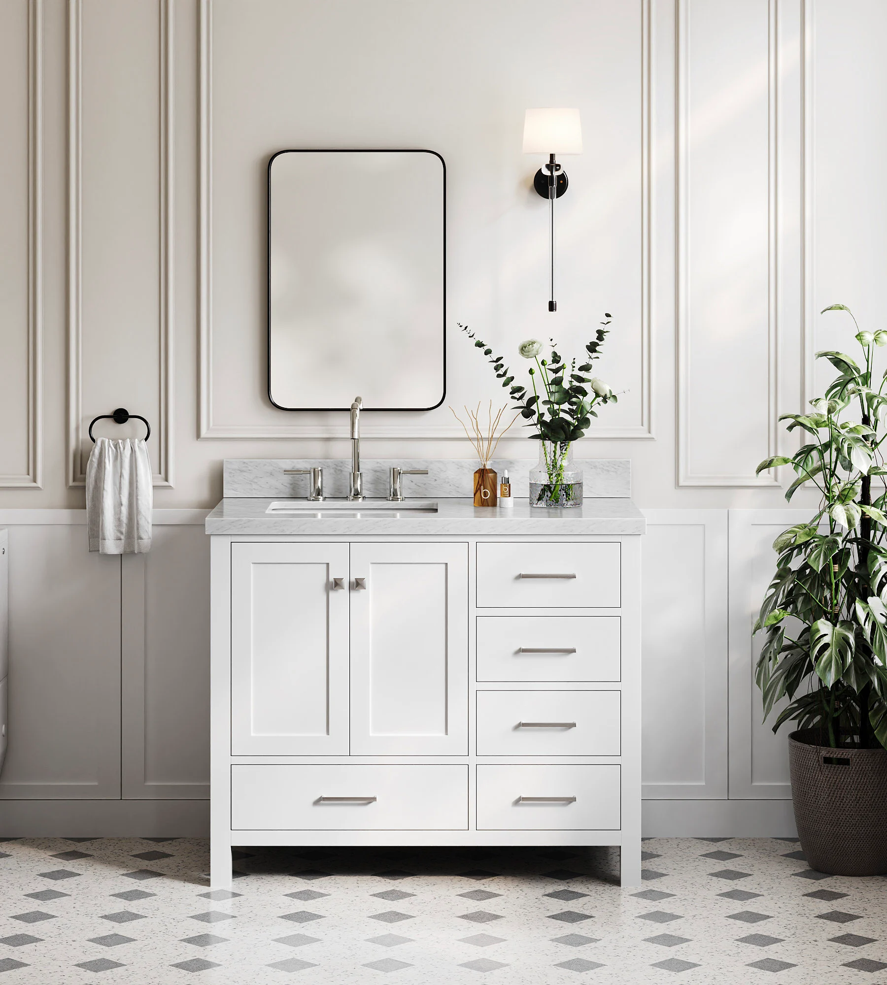 ARIEL Cambridge 43 In. Left Offset Single Rectangle Sink Bathroom Vanity With Italian Carrara White Marble 1.5 In Edge In White