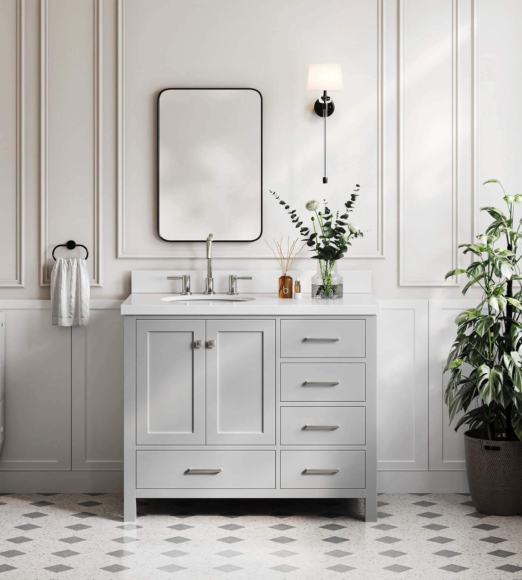 ARIEL Cambridge 43 In. Left Offset Oval Sink Vanity With White Quartz Countertop In Grey