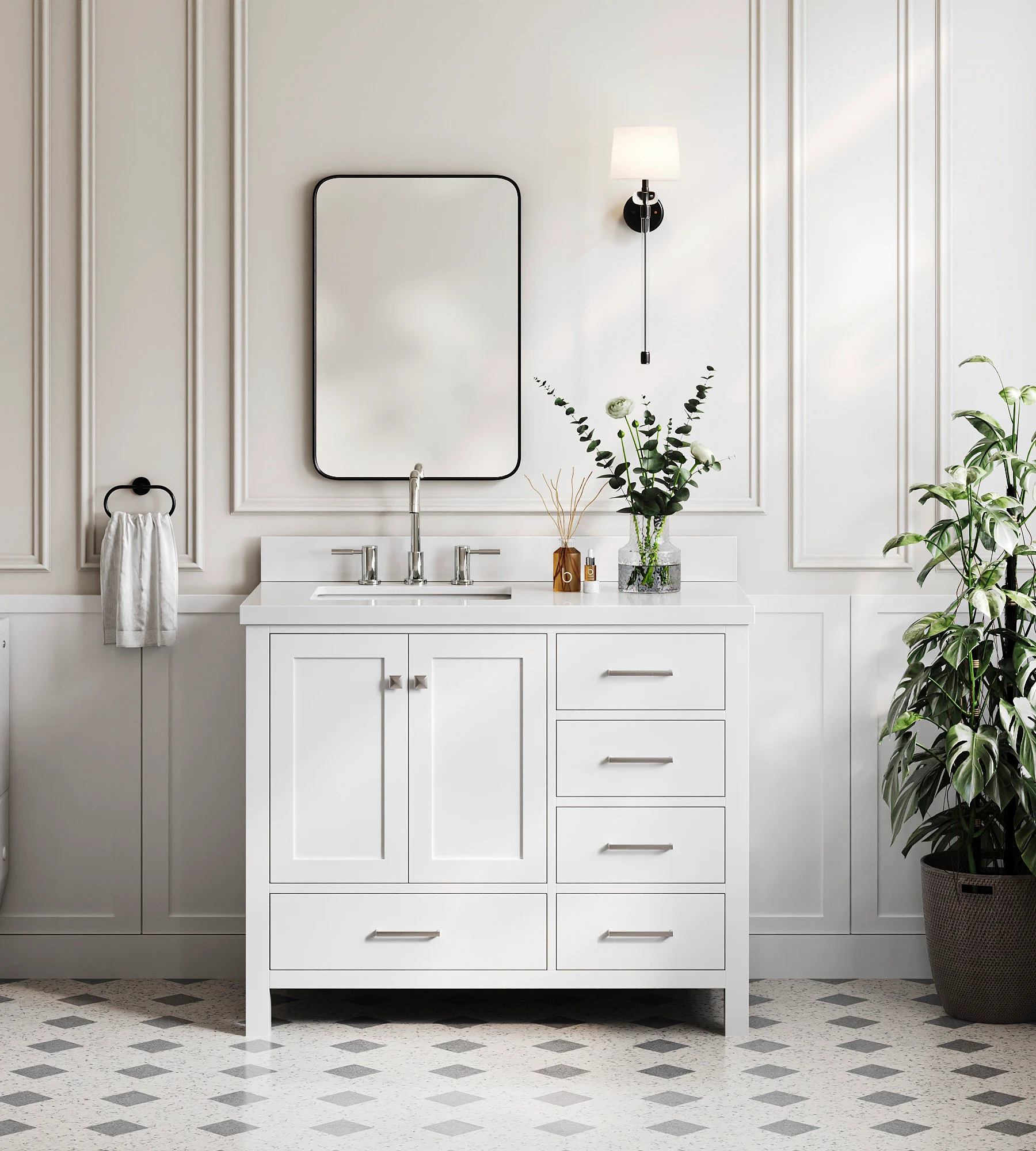 ARIEL Cambridge 43 In. Left Offset Rectangle Sink Vanity With White Quartz Countertop In White