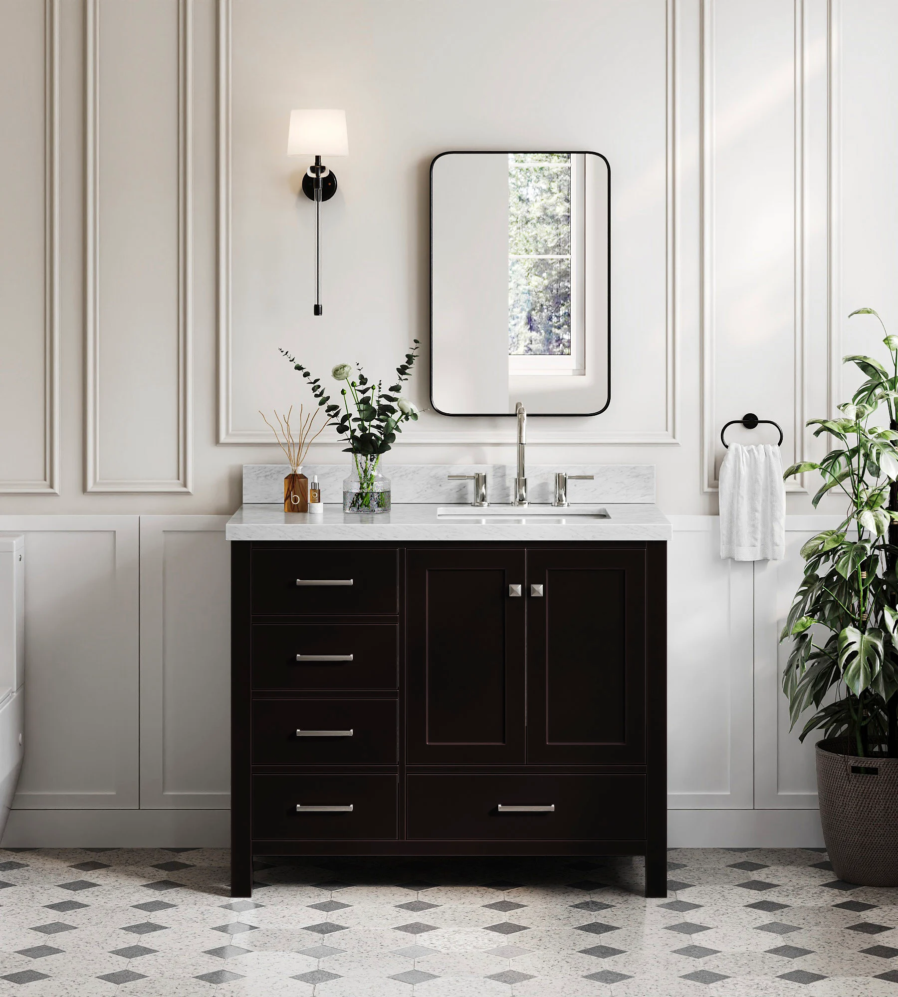 ARIEL Cambridge 43 In. Right Offset Single Rectangle Sink Bathroom Vanity With Italian Carrara White Marble 1.5 In Edge In Espresso