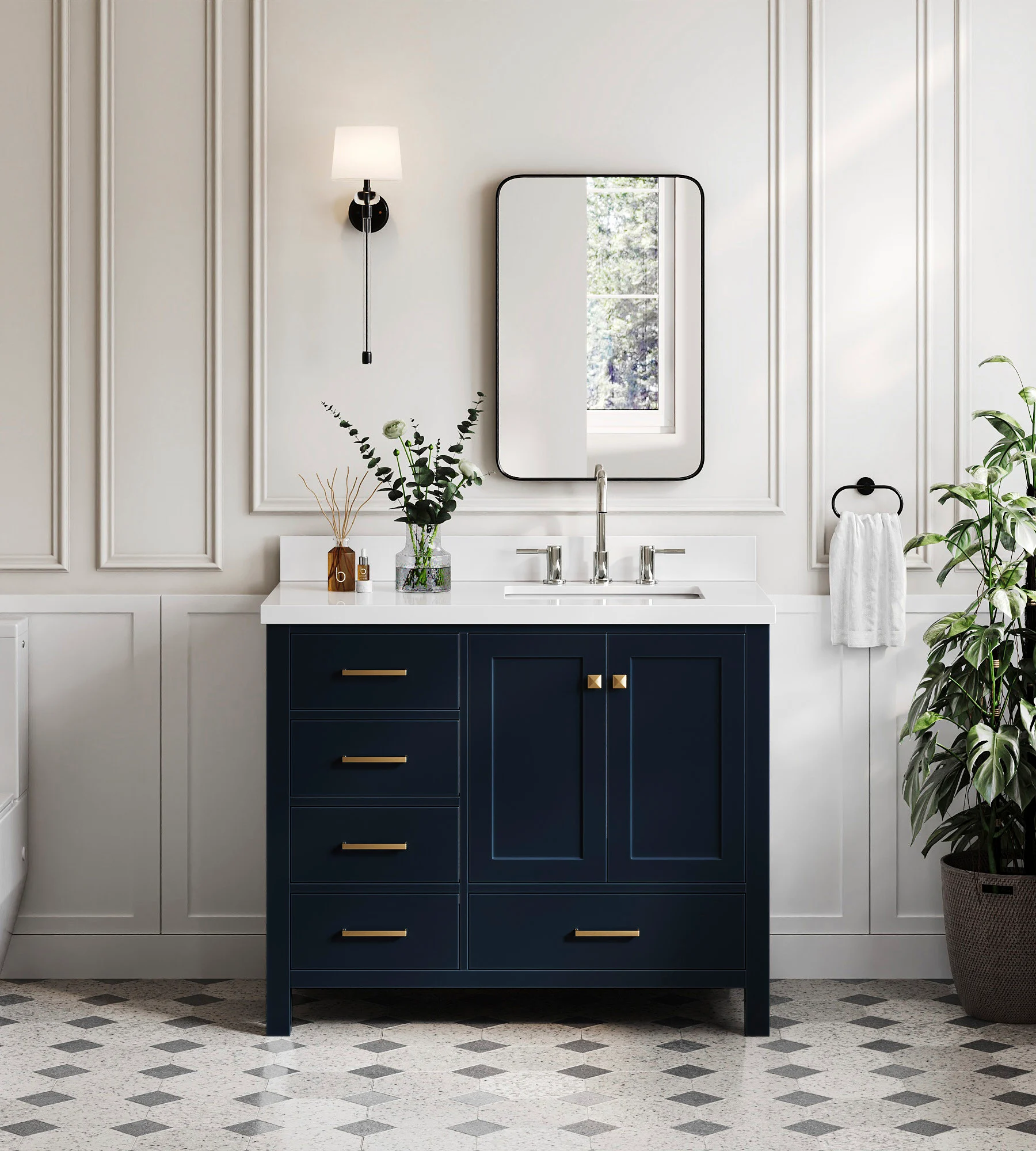 ARIEL Cambridge 43 In. Right Offset Rectangle Sink Vanity With White Quartz Countertop In Midnight Blue