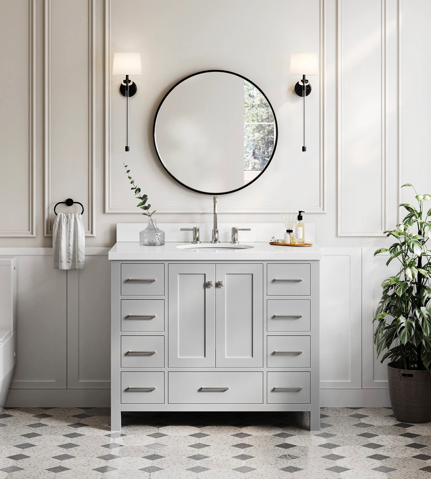 ARIEL Cambridge 43 In. Oval Sink Vanity With White Quartz Countertop In Grey