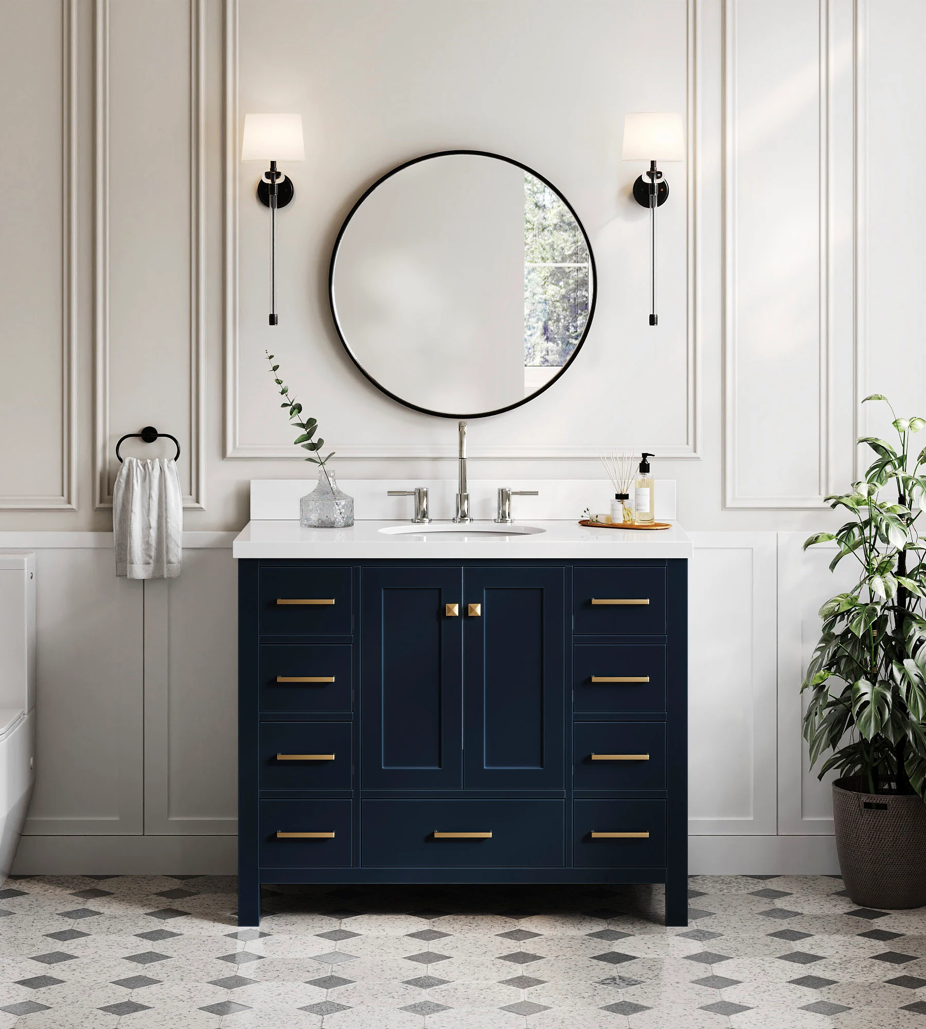 ARIEL Cambridge 43 In. Oval Sink Vanity With White Quartz Countertop In Midnight Blue