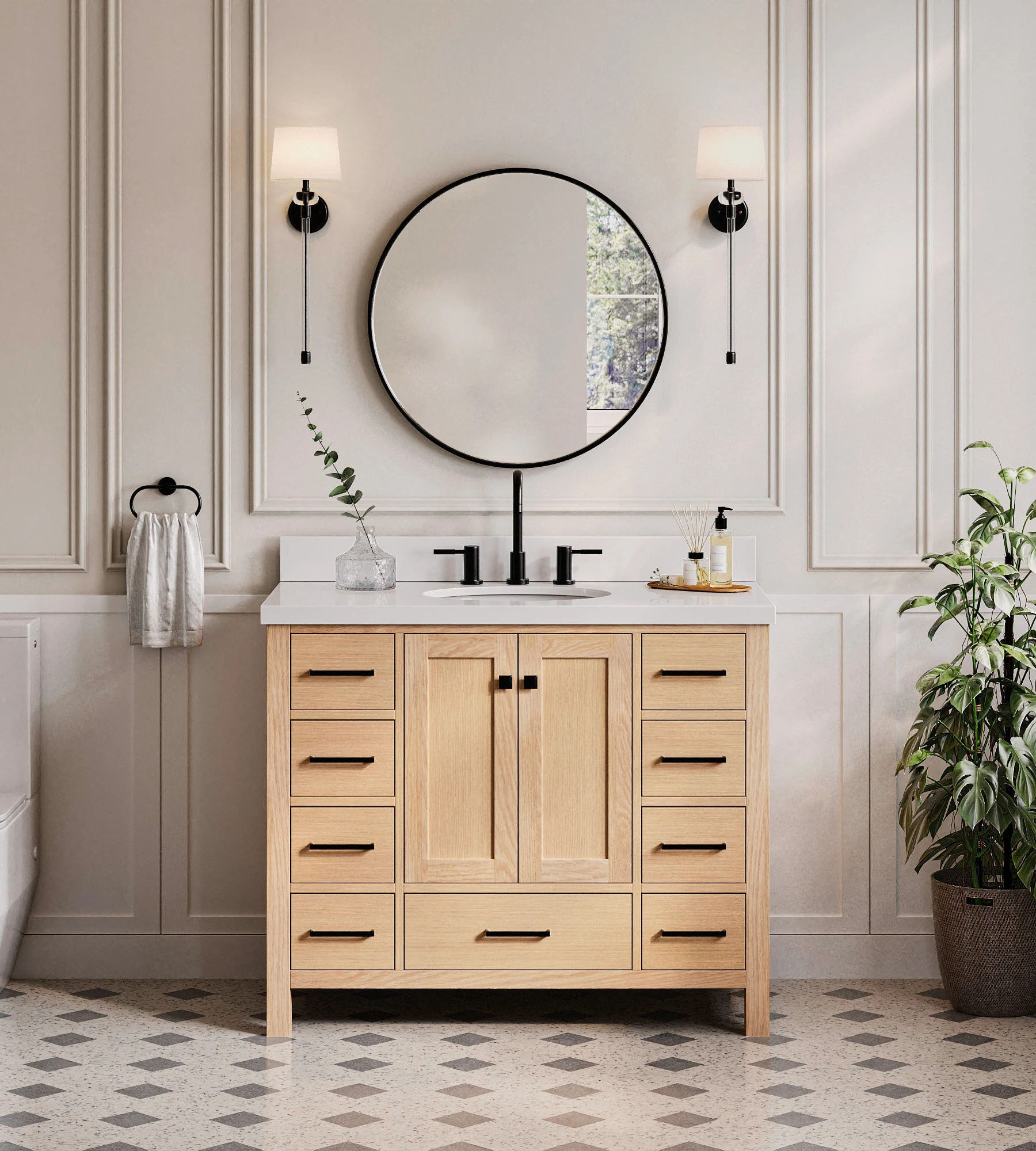 ARIEL Cambridge 43 Inch Single Oval Sink Bathroom Vanity With Pure White Quartz Countertop 1.5 Inch Edge In Oak