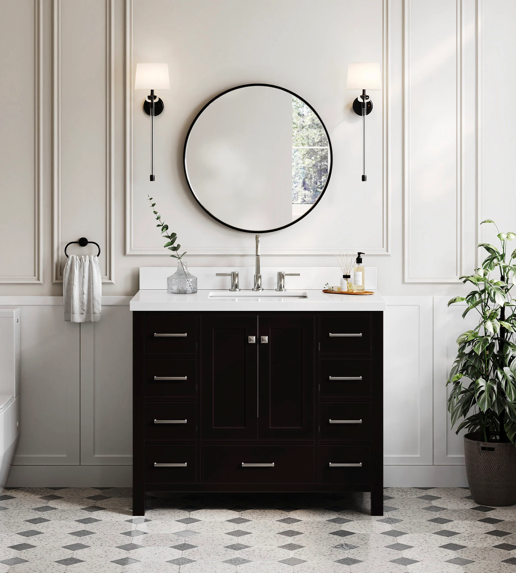 ARIEL Cambridge 43 In. Rectangle Sink Vanity With White Quartz Countertop In Espresso