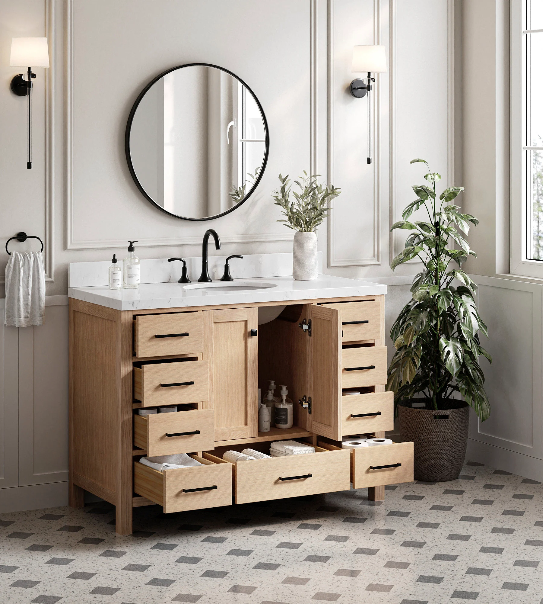 ARIEL Cambridge 48 Inch Single Sink Base Cabinet In Oak