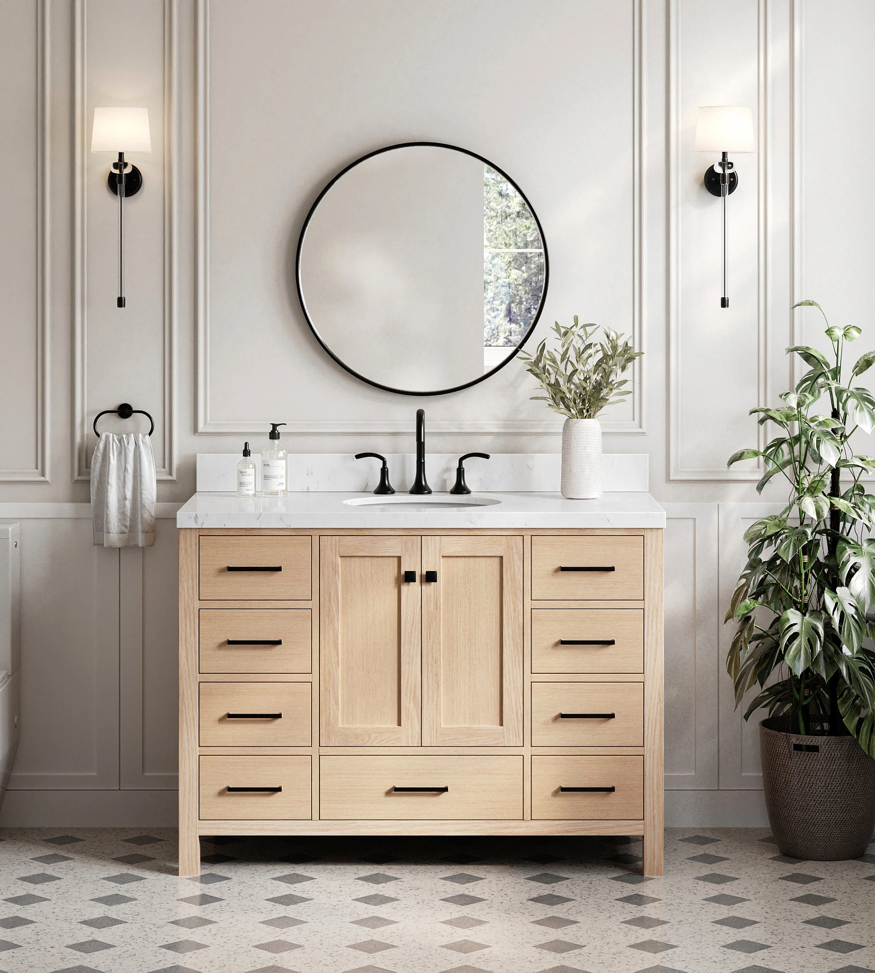 ARIEL Cambridge 48 Inch Single Oval Sink Bathroom Vanity With Carrara White Quartz Countertop 1.5 Inch Edge In Oak