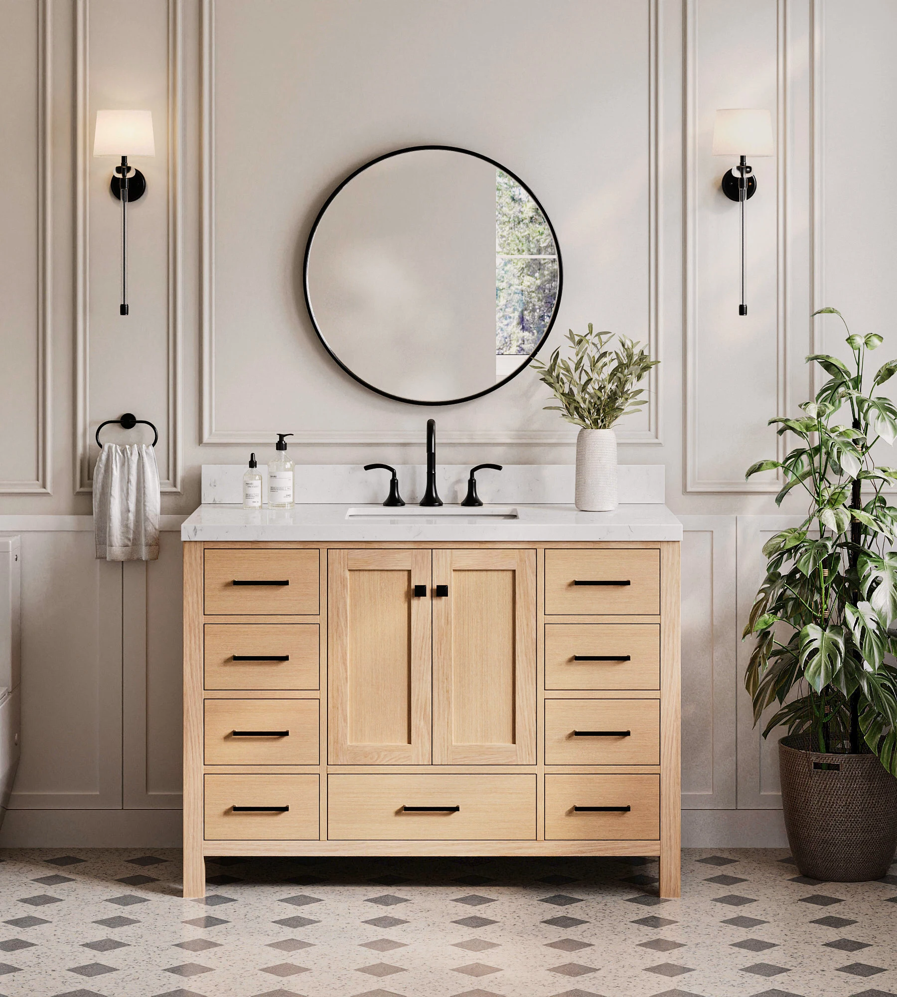 ARIEL Cambridge 48 Inch Single Rectangle Sink Bathroom Vanity With Carrara White Quartz Countertop 1.5 Inch Edge In Oak