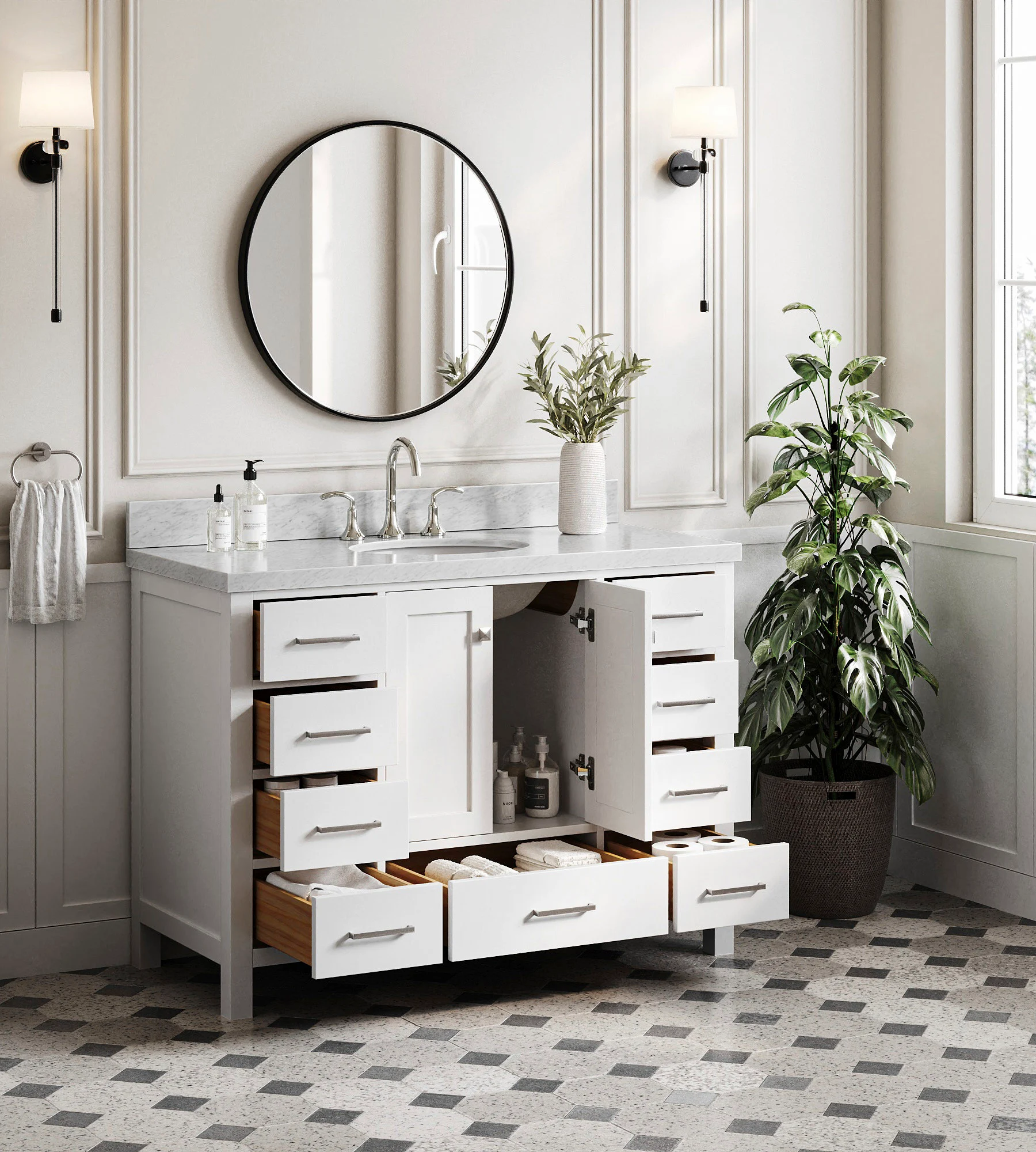 ARIEL Cambridge 48 In. Single Sink Base Cabinet In White